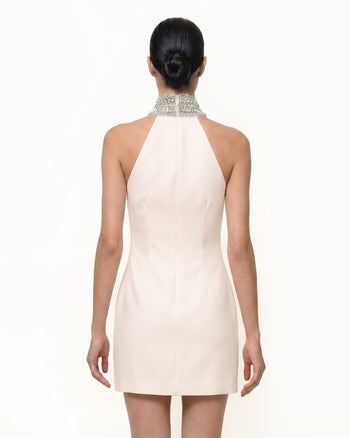 Jeweled Halter Iris Motif Dress - Ivory/Pink
