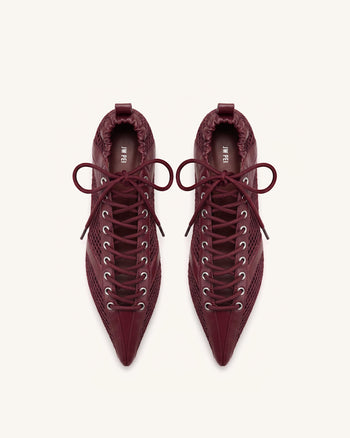 Ava Lace-Up Mesh Flats - Burgundy