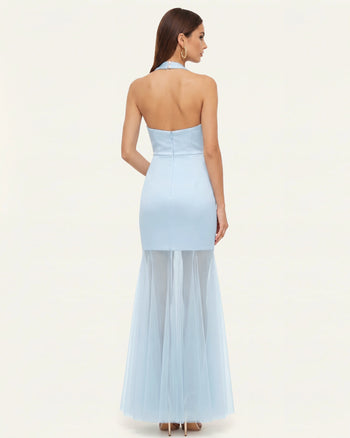Orchid Embroidered Sheer Hem Halter Maxi Dress - Light Blue