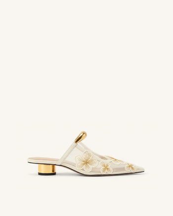 Helena Pierced Floral Mesh Mules - Ivory