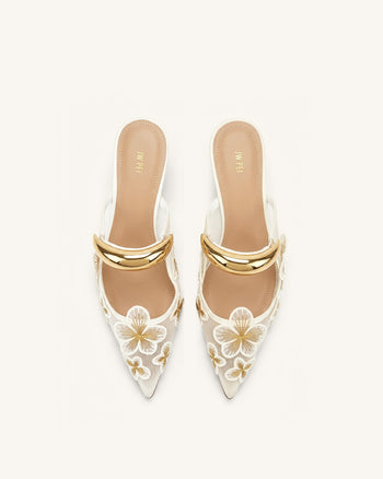 Helena Pierced Floral Mesh Mules - Ivory