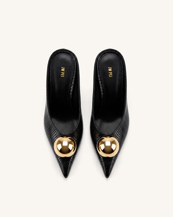 Sofia Angled Vamp Snakeskin Heel Mules - Black