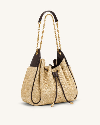 Rowan Faux Straw Ruched Drawstring Chain Bucket Bag - Brown