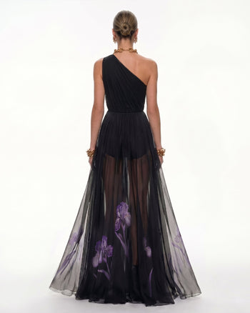Floral One Shoulder Maxi Dress - Black