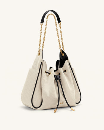 Rowan Ruched Drawstring Chain Bucket Bag - Black Canvas