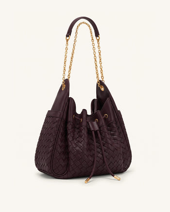 Rowan Weaving Ruched Drawstring Chain Bucket Bag - Dark Cherry