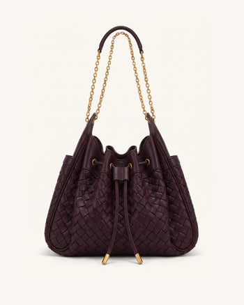 Rowan Weaving Ruched Drawstring Chain Bucket Bag - Dark Cherry