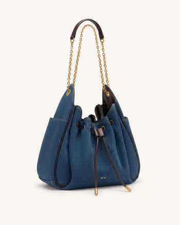 Rowan Ruched Drawstring Chain Bucket Bag - Dark Blue Denim