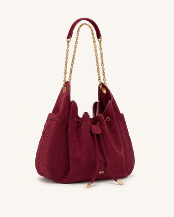 Rowan Faux Suede Weaving Ruched Drawstring Chain Bucket Bag - Dark Cherry