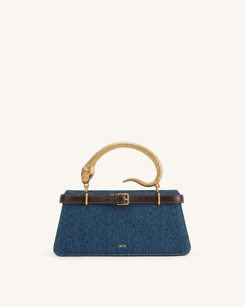 Elena Snake Handle Top Handle Bag - Dark Blue Denim
