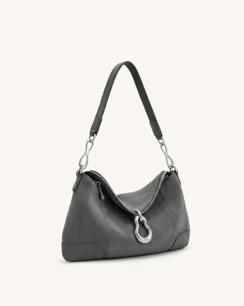Jayla Faux Suede Metal Pendant Embellished Shoulder Bag - Dark Grey