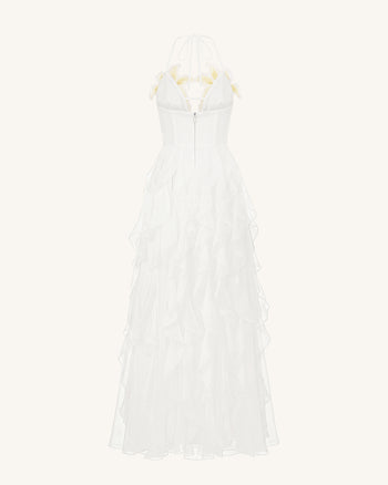 Lily-Embroidered Embroidered Halter Tiered Maxi Dress - White
