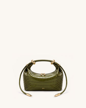 Ellie Metal Ring Embellished Top Handle Bag - Olive Green Croc