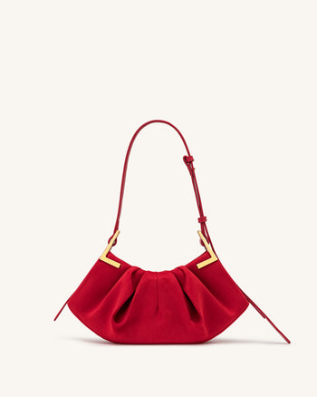 Amelia Faux Suede Pleated Shoulder Bag - Red