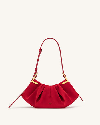 Amelia Faux Suede Pleated Shoulder Bag - Red