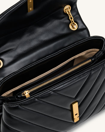 Valerie Quilted Chain Flap Shoulder Bag - Black