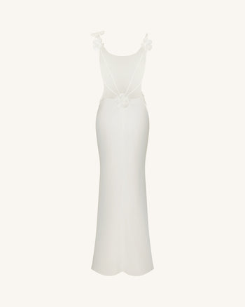 3D Floral Appliqué Satin Dress - White