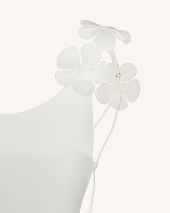 3D Floral Appliqué Satin Dress - White