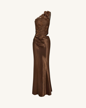 Floral One Shoulder Satin Dress - Brown