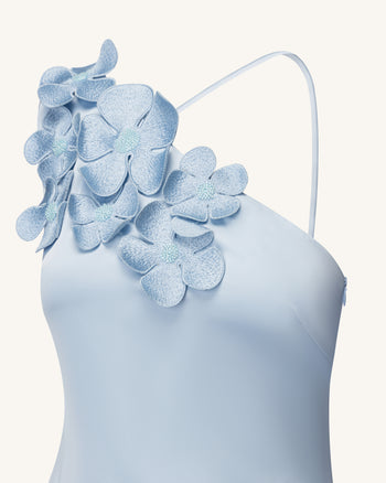Floral Appliqué One Shoulder Maxi Dress - Light Blue