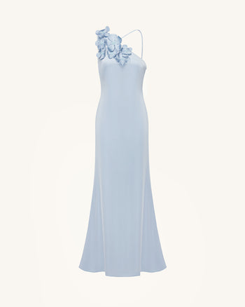 Floral Appliqué One Shoulder Maxi Dress - Light Blue