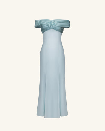 Pleated Cross-Halter Satin Maxi Dress - Dusty Blue