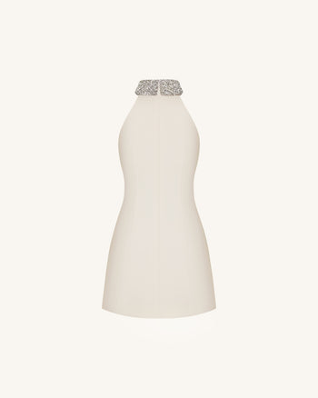 Jeweled Halter Iris Motif Dress - Ivory/Pink