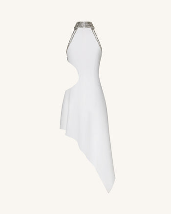 Jeweled Floral Cutout High Neck Dress - White