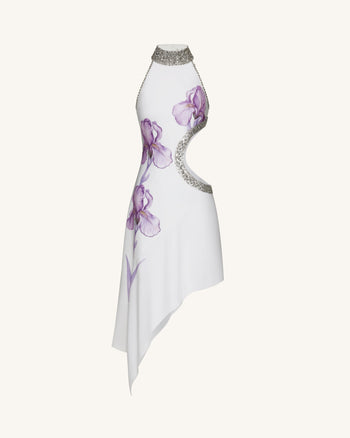 Jeweled Floral Cutout High Neck Dress - White