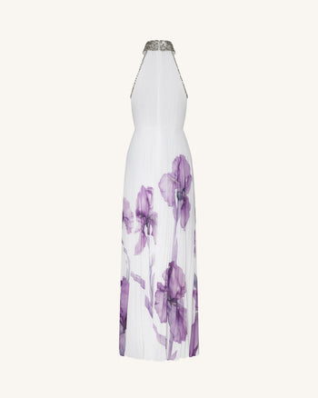 Jeweled-neck Halter Pleated Iris Print Maxi Dress - White/Purple