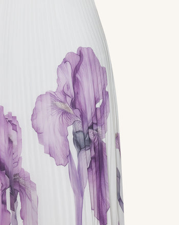 Jeweled-neck Halter Pleated Iris Print Maxi Dress - White/Purple