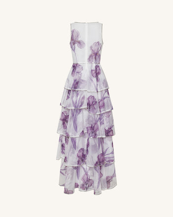 Jeweled-Trim Tiered Iris Print Organza Maxi Dress - White/Purple