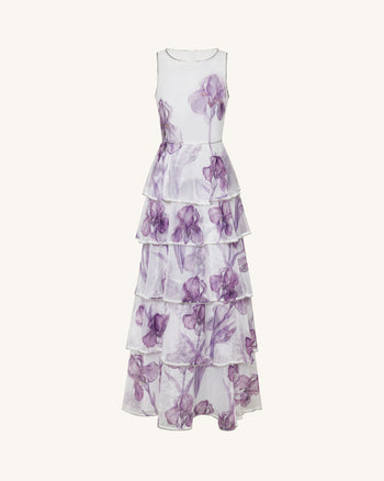 Jeweled-Trim Tiered Iris Print Organza Maxi Dress - White/Purple