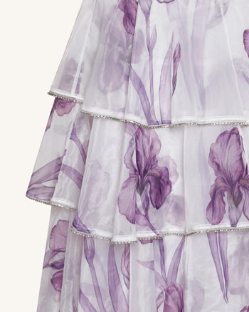 Jeweled-Trim Tiered Iris Print Organza Maxi Dress - White/Purple