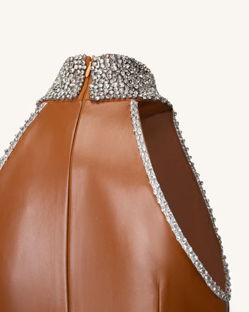 Jeweled High Neck Halter Maxi Dress - Caramel Brown