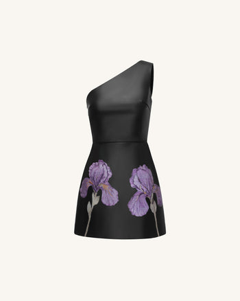 Iris Floral-Print One-Shoulder Leather Mini Dress - Black