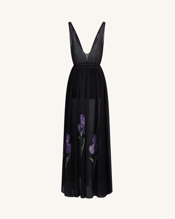Sheer Floral Print Maxi Dress - Black