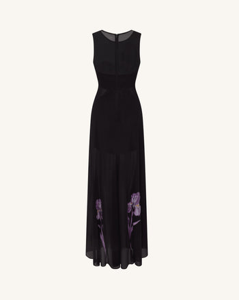 Sheer Floral Print Paneled Maxi Dress - Black