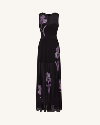 Sheer Floral Print Paneled Maxi Dress - Black