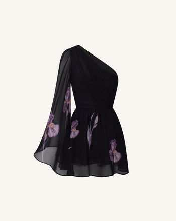 One Shoulder Floral Mesh Dress - Black