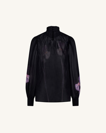 Iris Print Sheer High Neck Blouse - Black/Purple