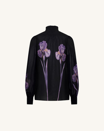 Iris Print Sheer High Neck Blouse - Black/Purple