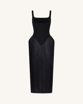 Square Neck Pannier Midi Dress - Black