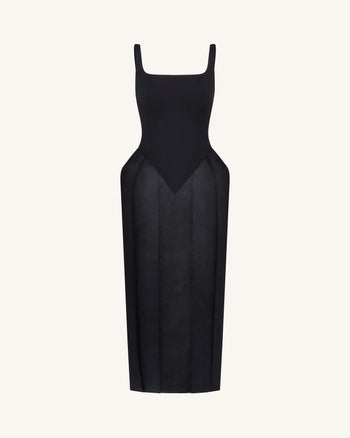 Square Neck Pannier Midi Dress - Black