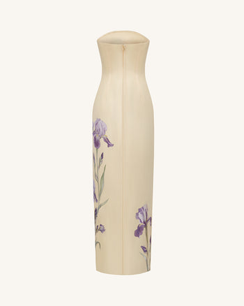 Iris Print Strapless Satin Slit Maxi Dress - Soft Yellow