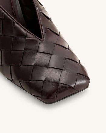 Ellie Woven Square-Toe Mule Heels - Dark Brown