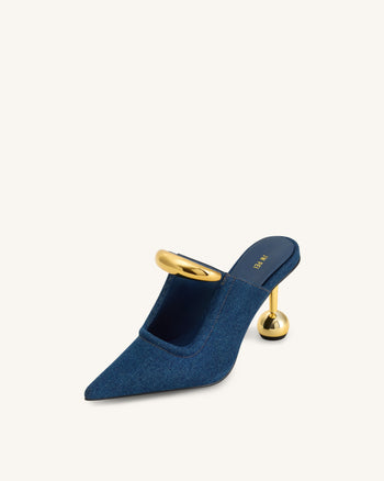 Sofia Metal Accent Sphere Heel Mules - Denim Blue