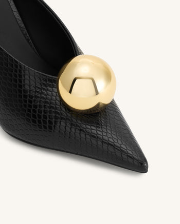 Sofia Angled Vamp Snakeskin Heel Mules - Black