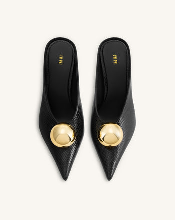 Sofia Angled Vamp Snakeskin Heel Mules - Black