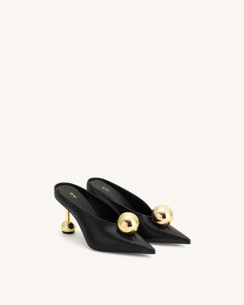 Sofia Angled Vamp Snakeskin Heel Mules - Black
